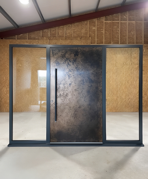 Металлическая дверь с бронзовой патиной и остекленными вставками